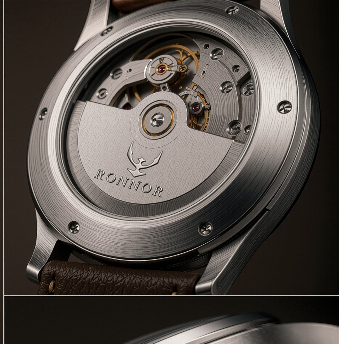 View through the exhibition caseback of the RONNOR movement