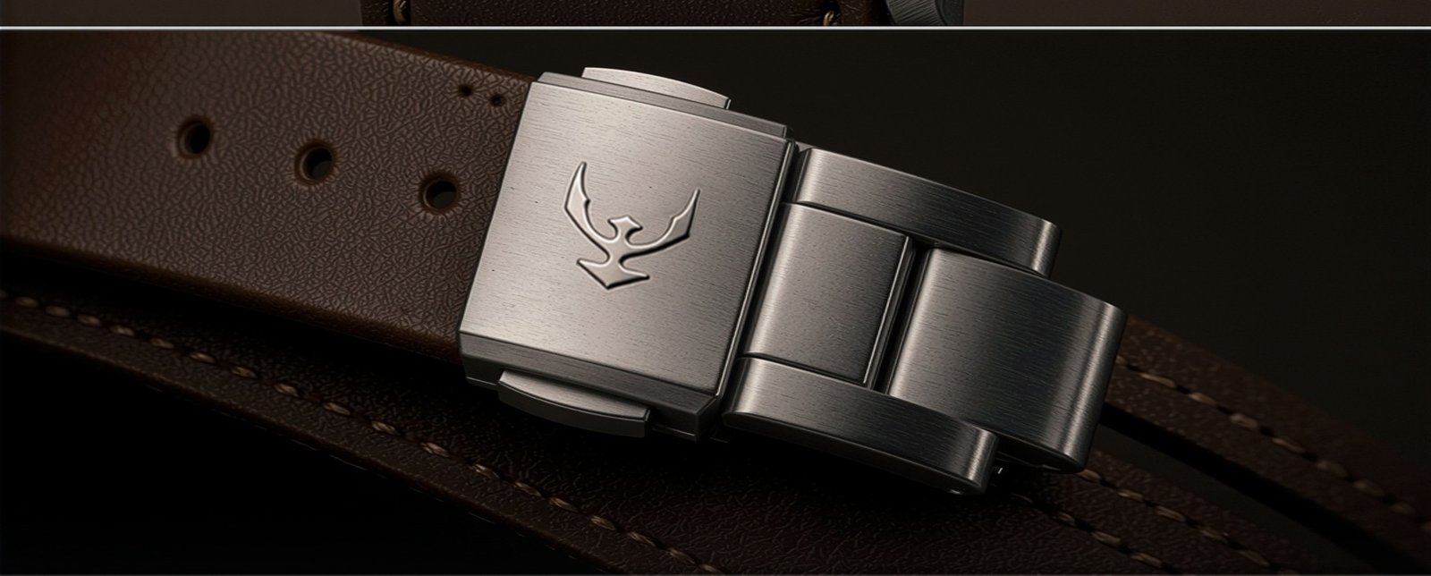 Close-up of the RONNOR steel clasp on a leather strap